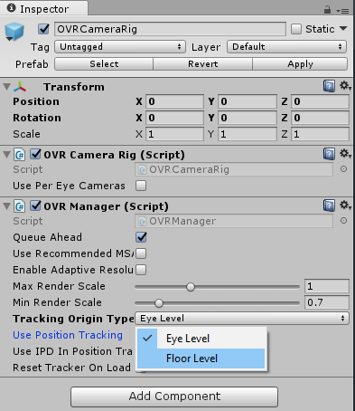 Change the tracking origin type depending on where you placed the game object representing the player’s head.