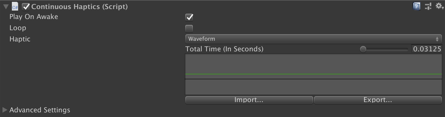 The ContinuousHaptics default settings should look like this.